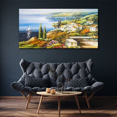 Tableau sur toile Paysage de bord de mer avec un voilier