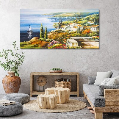 Tableau sur toile Paysage de bord de mer avec un voilier