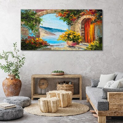 Tableau sur toile Paysage de bord de mer avec des fleurs
