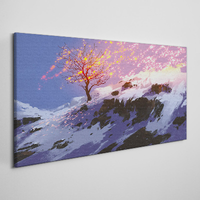 Tableau toile imprimée Paysage d'hiver avec un arbre en feu