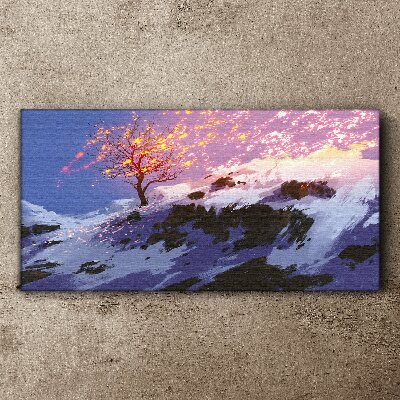 Tableau toile imprimée Paysage d'hiver avec un arbre en feu