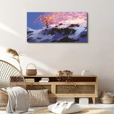 Tableau toile imprimée Paysage d'hiver avec un arbre en feu
