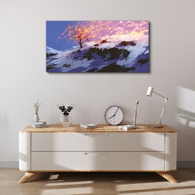 Tableau toile imprimée Paysage d'hiver avec un arbre en feu