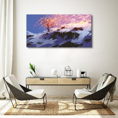 Tableau toile imprimée Paysage d'hiver avec un arbre en feu