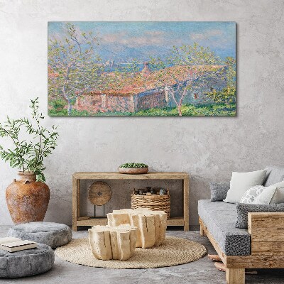 Tableau toile imprimée Un paysage paisible avec une maison et des arbres