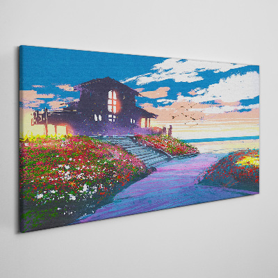 Tableau sur toile Coucher de soleil sur le rivage fleuri
