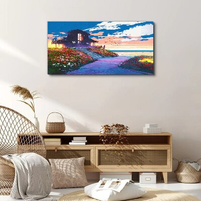 Tableau sur toile Coucher de soleil sur le rivage fleuri