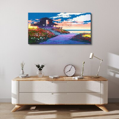 Tableau sur toile Coucher de soleil sur le rivage fleuri