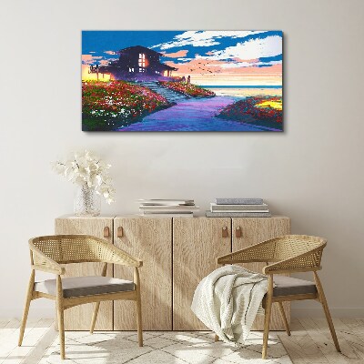 Tableau sur toile Coucher de soleil sur le rivage fleuri