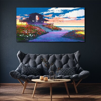 Tableau sur toile Coucher de soleil sur le rivage fleuri