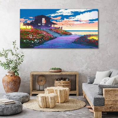 Tableau sur toile Coucher de soleil sur le rivage fleuri
