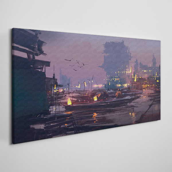 Tableau toile imprimée Coucher de soleil sur le port