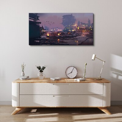 Tableau toile imprimée Coucher de soleil sur le port