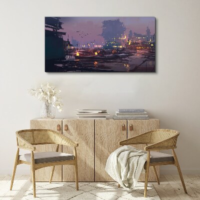 Tableau toile imprimée Coucher de soleil sur le port