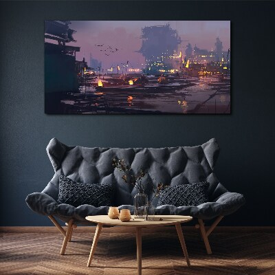 Tableau toile imprimée Coucher de soleil sur le port