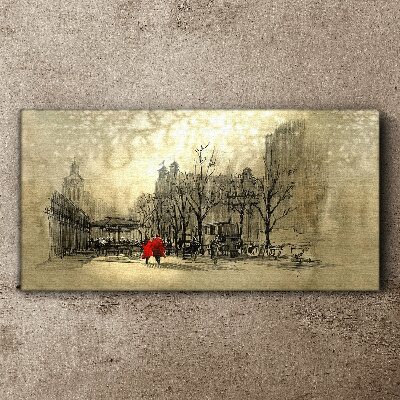Tableau imprimé sur toile Manteau rouge dans le paysage urbain