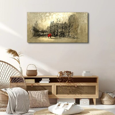 Tableau imprimé sur toile Manteau rouge dans le paysage urbain