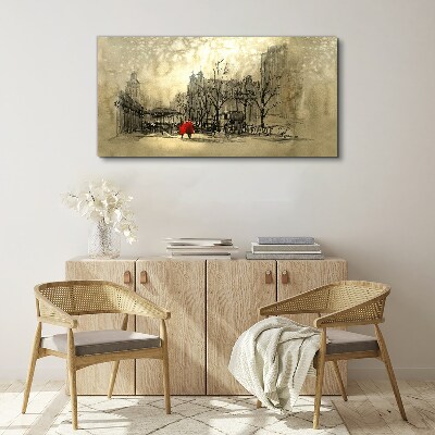 Tableau imprimé sur toile Manteau rouge dans le paysage urbain