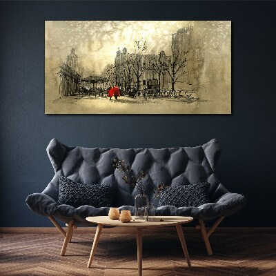 Tableau imprimé sur toile Manteau rouge dans le paysage urbain