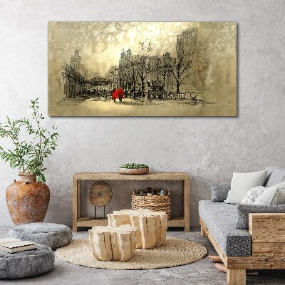 Tableau imprimé sur toile Manteau rouge dans le paysage urbain