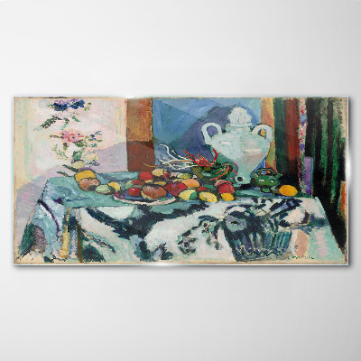 Tableau photo sur verre Nature morte avec des fruits et un vase