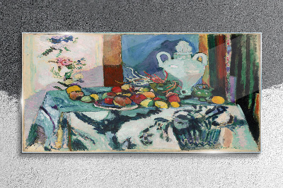 Tableau photo sur verre Nature morte avec des fruits et un vase