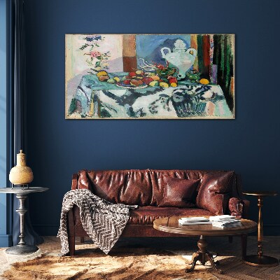Tableau photo sur verre Nature morte avec des fruits et un vase