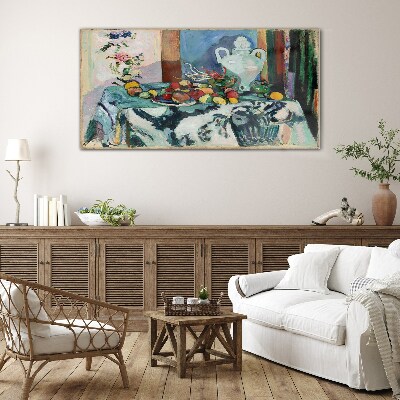 Tableau photo sur verre Nature morte avec des fruits et un vase