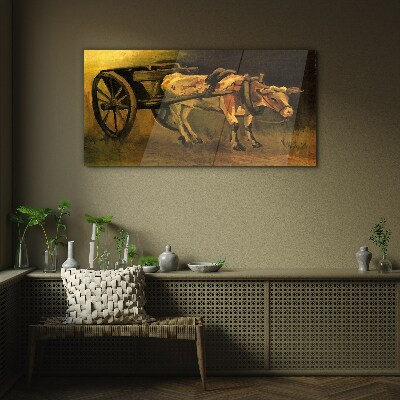 Tableau sur verre Bœufs à la charrette