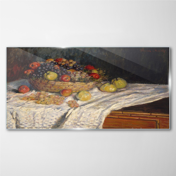 Tableau imprimé sur verre Corbeille de fruits sur une nappe blanche