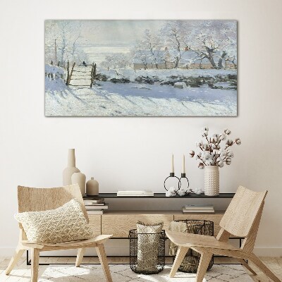 Tableau sur verre Paysage d'hiver avec une porte