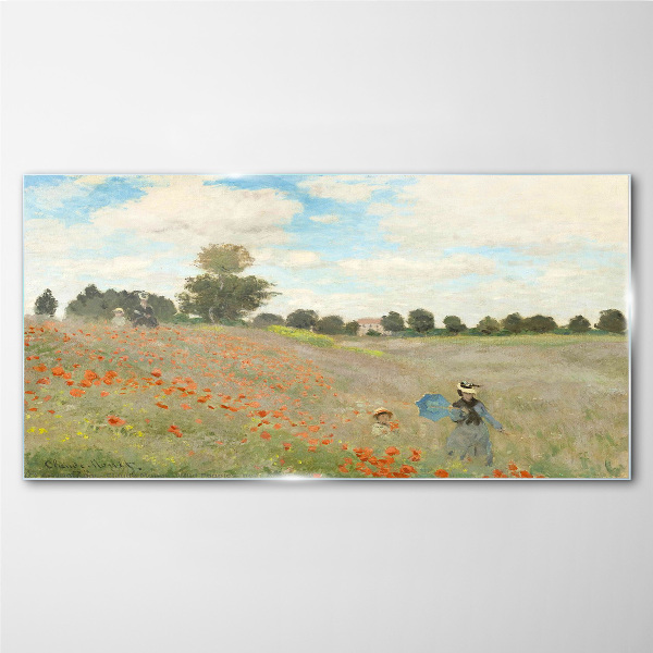 Tableau imprimé sur verre Champs de coquelicots sous le soleil d'été