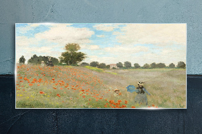 Tableau imprimé sur verre Champs de coquelicots sous le soleil d'été