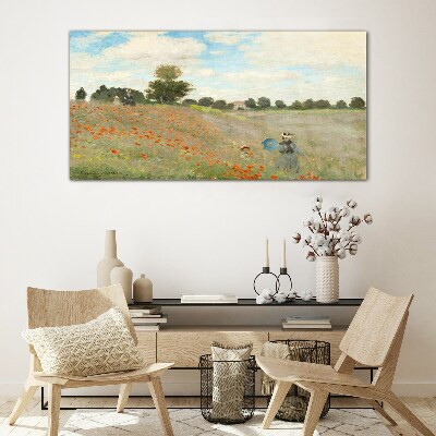 Tableau imprimé sur verre Champs de coquelicots sous le soleil d'été