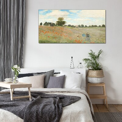 Tableau imprimé sur verre Champs de coquelicots sous le soleil d'été
