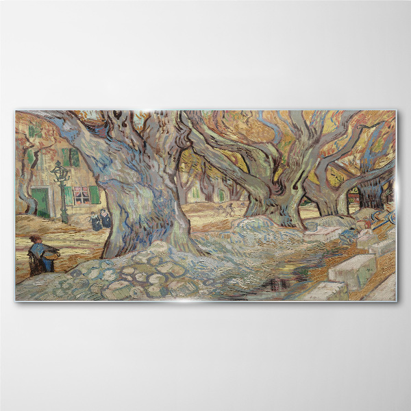 Tableau sur verre Une rue bordée d'arbres sous le soleil printanier