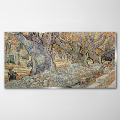 Tableau sur verre Une rue bordée d'arbres sous le soleil printanier