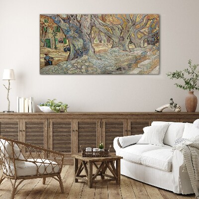 Tableau sur verre Une rue bordée d'arbres sous le soleil printanier