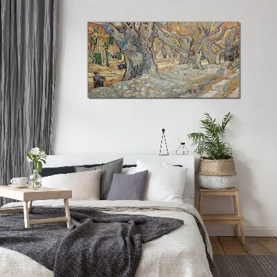 Tableau sur verre Une rue bordée d'arbres sous le soleil printanier
