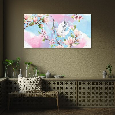 Tableau imprimé sur verre Paysage floral avec une grue