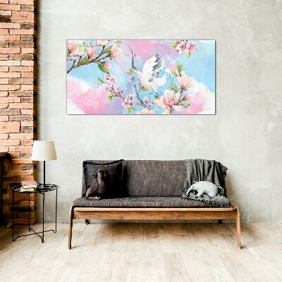 Tableau imprimé sur verre Paysage floral avec une grue