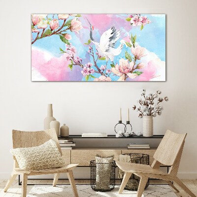 Tableau imprimé sur verre Paysage floral avec une grue