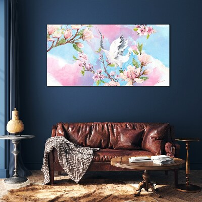 Tableau imprimé sur verre Paysage floral avec une grue
