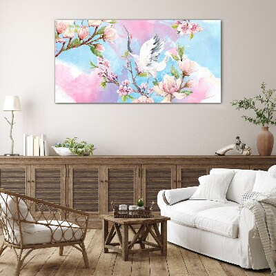 Tableau imprimé sur verre Paysage floral avec une grue