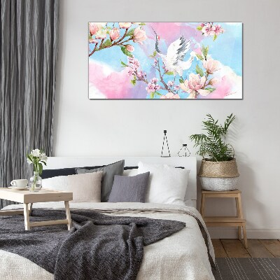Tableau imprimé sur verre Paysage floral avec une grue