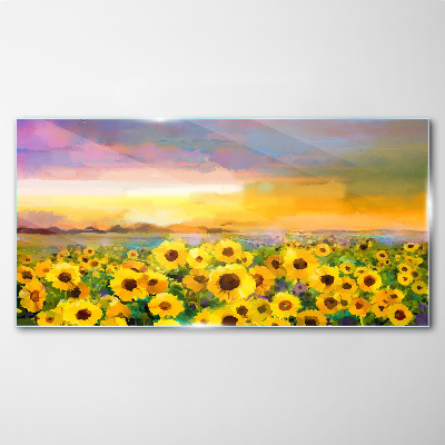 Tableau en verre Tournesols dans les rayons du soleil couchant
