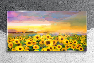 Tableau en verre Tournesols dans les rayons du soleil couchant