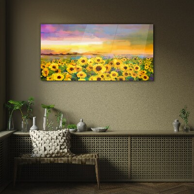 Tableau en verre Tournesols dans les rayons du soleil couchant