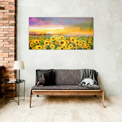 Tableau en verre Tournesols dans les rayons du soleil couchant
