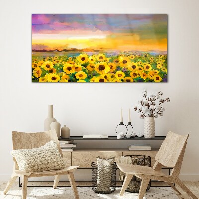 Tableau en verre Tournesols dans les rayons du soleil couchant